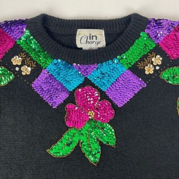 Vtg 80s Women's Medium In Charge Black Floral Sequin Sweater Lambswool Angora - Picture 3 of 11